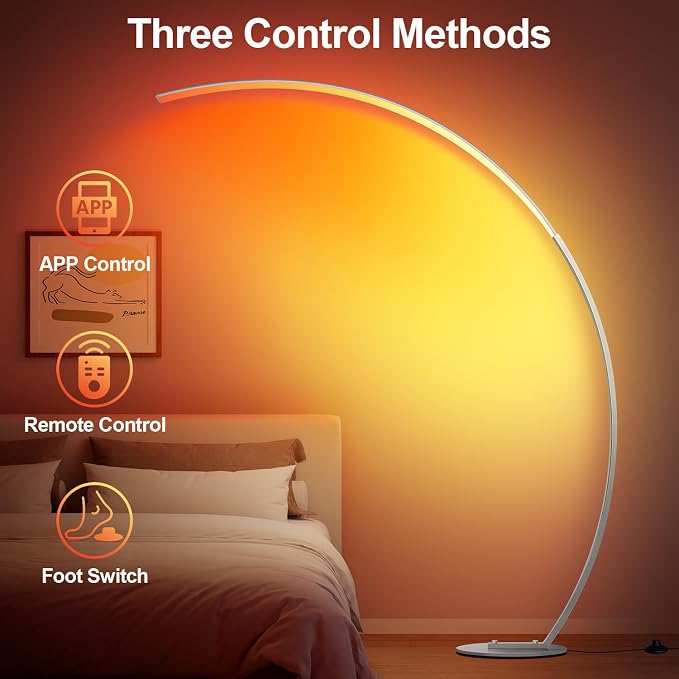 RGB Floor Lamp with 3 Color Temperatures, Ultra Bright 1800LM Smart Arc LED Floor Lamp with Remote Control, Music Sync, Scene Modes, Modern Standing Tall Lamp for Bedroom Living Room-Brushed Nickel