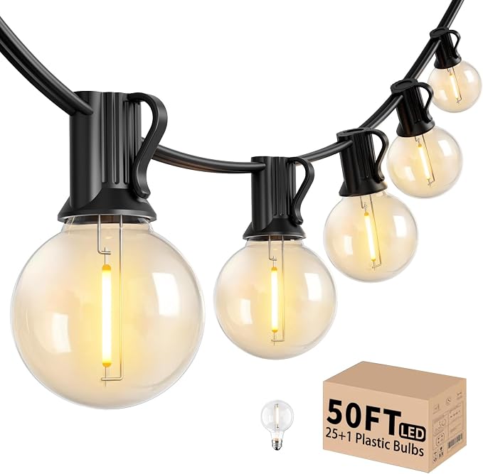 LACHON Outdoor String Lights 50FT, Patio Lights Outside with 25 G40 Shatterproof LED Bulbs, Waterproof Dimmable Hanging Connectable Globe Outdoor Lights for Backyard, Bistro, Porch, Deck, Balcony