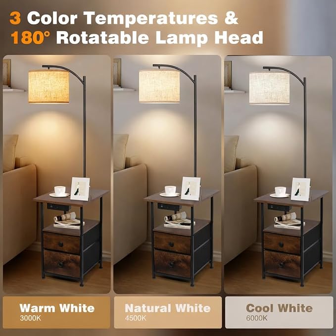 PESRAE Floor Lamp with Table & 2 Drawers, End Table with 3 Color Temperature Reading Light, Side Table Lamp with USB & Type C & AC Charging Port for Living Room, Bedroom (Rustic Fusion Brown)