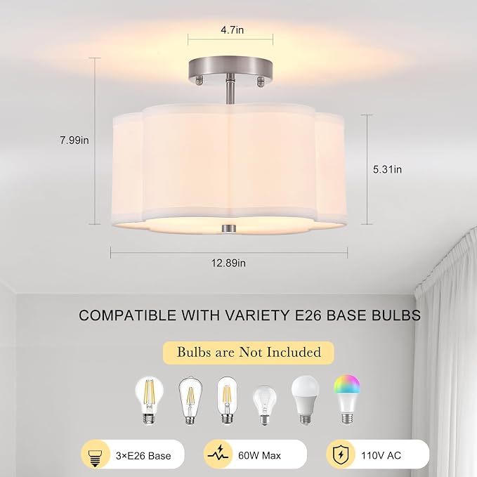 12.9" Chrome Semi Flush Mount Ceiling Light, Linen 3-Light Fixture | White Linen Petal Shade, Modern Chrome Style For Bedroom, Hallway Kitchen, Basement, Bedroom,Laundry; Close-To-Ceiling, E26