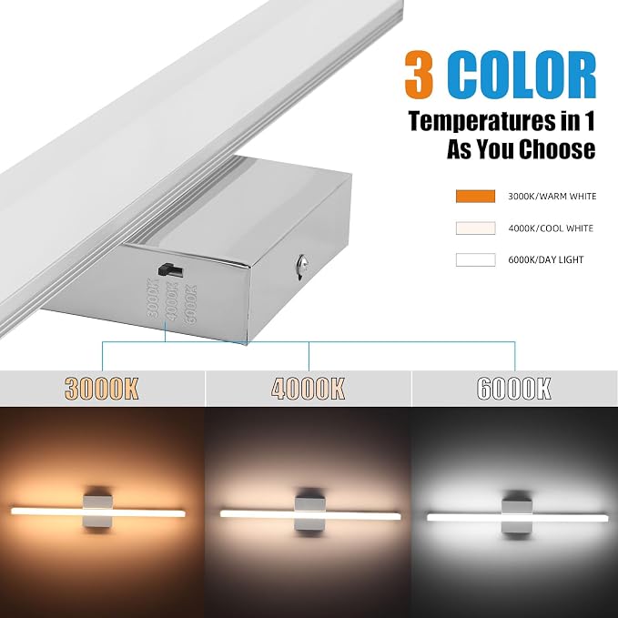 24 Inch LED Bathroom Vanity Light, 3CCT 3000K/4000K/6000K Bathroom Lighting Fixtures Over Mirror, IP44 Modern Chrome Wall Sconce for Bathroom Makeup Dressing Room