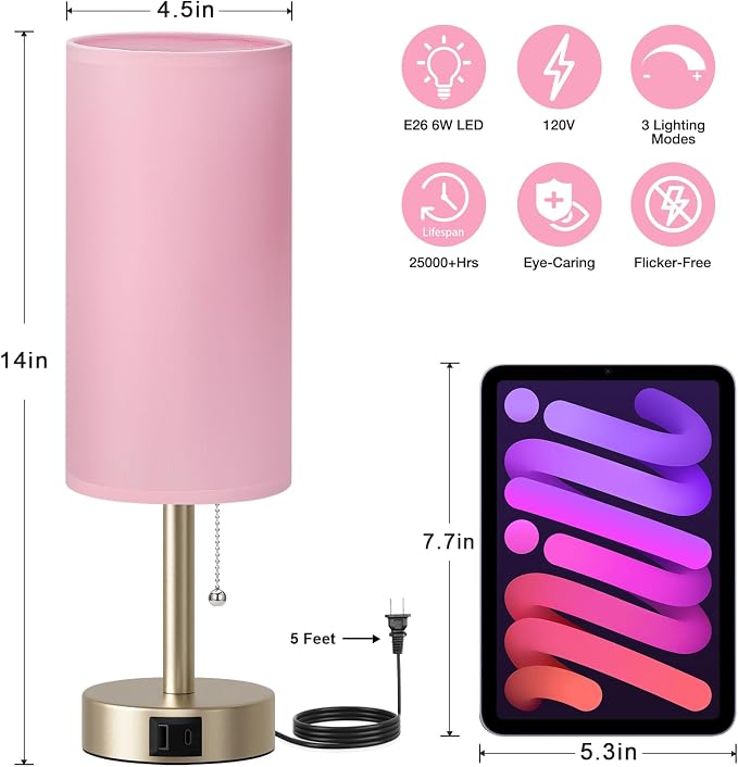 Pink Bedside Table Lamp for Bedroom - Small Nightstand Lamp for Girls | 3 Color Temp, USB A+C Ports, LED Bulb Included, Soft Pink Fabric Shade, Mocha Gold Metal Base, 14" Desk Lamp for Kids Dorm