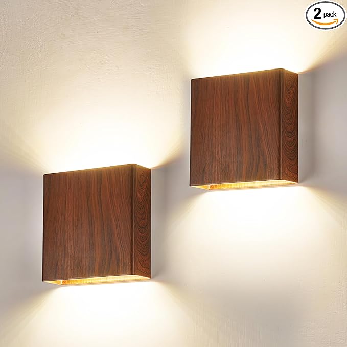 2 Pack Indoor Outdoor Walnut Wood Grain Up and Down LED Wall Light, Modern Bedroom/Porch Wall Lamp, IP65 Waterproof, 5%-100% Dimmable 18W 1620lm, 5CCT (2700K-5000K), CRI 90+, 120V-277V
