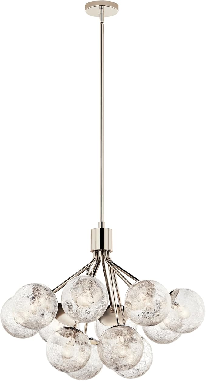Kichler Silvarious 12-Light Convertible Chandelier, Soft Modern Light with Clear Crackled Glass in Polished Nickel, for Dining Room, Living Room, Bedroom or Foyer (22.25" x 30"), 52701PN