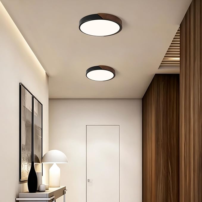 Modern LED Ceiling Light, Dark Walnut Wood Flush Mount Ceiling Light Fixture, 4000K Not Dimmable, Minimalist Circle Lighting Lamp with Acrylic Lampshade for Hallway Entryway Bedroom 11.8"
