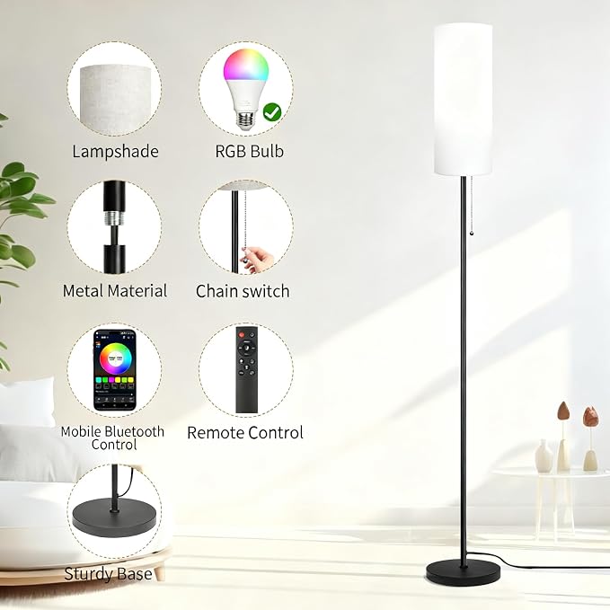 Floor Lamps for Living Room RGB Color Changing Bulbs Dimmable Color Brightness Modern Standing Lamp Remote Control Tall Lamp Chain Switch for Bedroom Office 9W LED Bulb Included, White Shade RGB Bulb