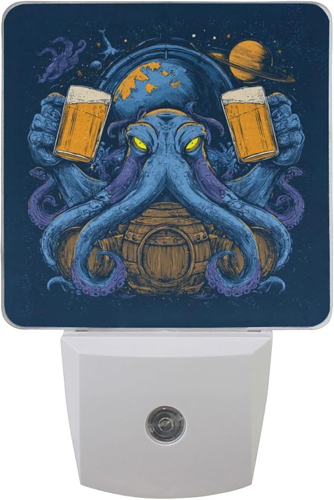 Blue Octopus Holding Beer Night Light Dusk to Dawn Sensor LED Night Dimmable Nightlight Lights Plug into Wall for Living Room
