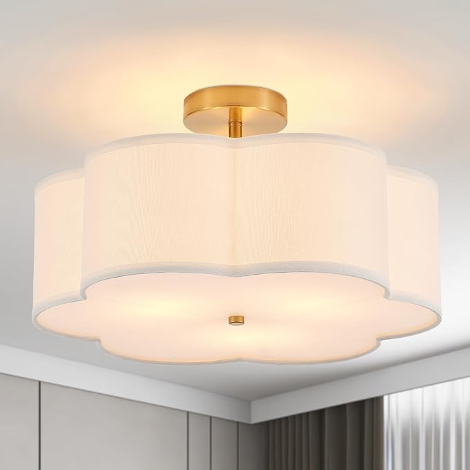 18" Modern Gold Drum Ceiling Light, 3-Light Semi-Flush Mount | Linen Drum Shade, Gold Metal Frame, Modern Style for Laundry Rooms, Kitchens, Basements, Dining Rooms, and Bedrooms, E26 Base