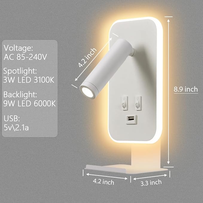 Wall Mounted Reading Light, Bedside Wall Sconces USB Charging, 3100K Warm Ambient Lighting Wall Mounted Sconce for Bedroom, wall lamps for bedroom hardwired, Eye-Caring Bedroom Lighting, White