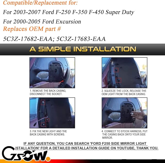 2 PCS LED Side Mirror Marker Lights for Ford 2003-2007 F250 F350 F450 F550 Super Duty / 2000-2005 Excursion, LED Sequential Side Mirror Turn Signal Lamp Assembly - Amber Light