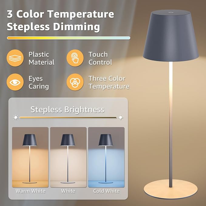 uuffoo 2 Pack Cordless Table Lamp Rechargeable 5000mAH Battery Operated Lights Touch Control LED Portable Desk Lamps 3 Color Dimming for Outdoor Coffee Bedroom Kitchen (Gray)