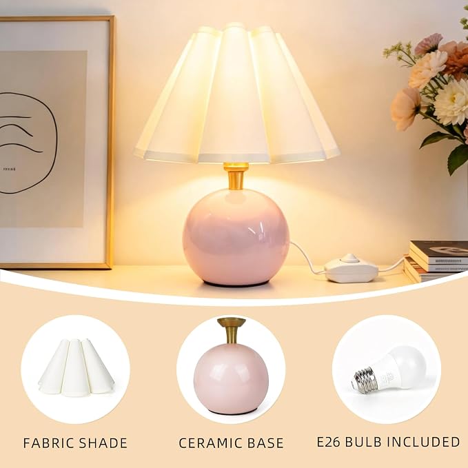 Small Bedside Table Lamp, 11.8'' Ceramic Stepless Dimmable Lamp (Pink) | with scalloped fabric shade for nightstand & living room. Perfect for quiet nights to create a cozy, relaxing atmosphere