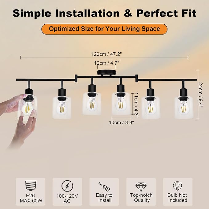 HiBay 6-Light Black Track Lighting Fixture Ceiling, Adjustable Spotlights | Rotatable & Flexible, Modern Farmhouse Industrial, for Kitchen, Living Room, Commercial Use, E26 Base