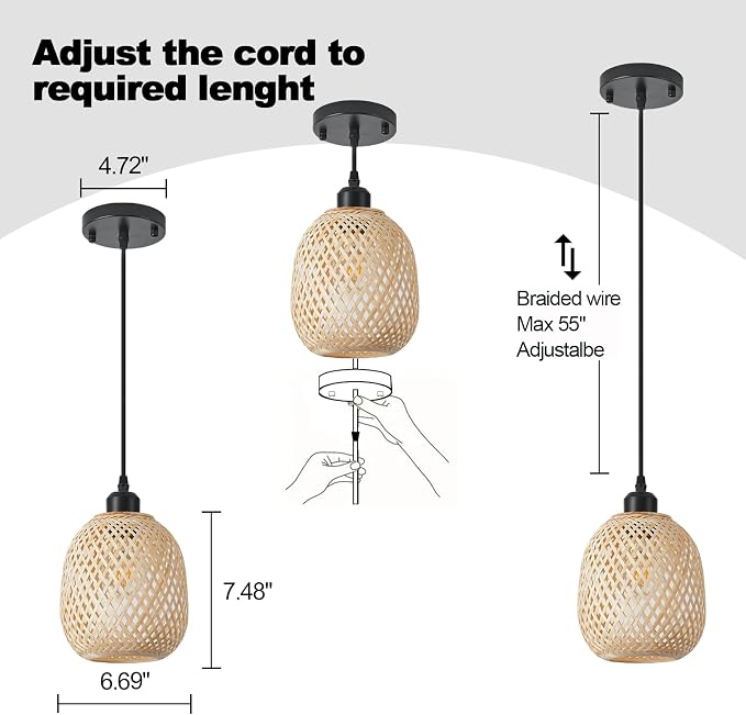 Hanging Light Fixture Set of 2, Mid Century Bohemian Rattan Bamboo Pendant Lighting,Torus Basket Woven Ceiling Chandelier for Kitchen Island Dinning Room Living Room Bedroom Nightstand