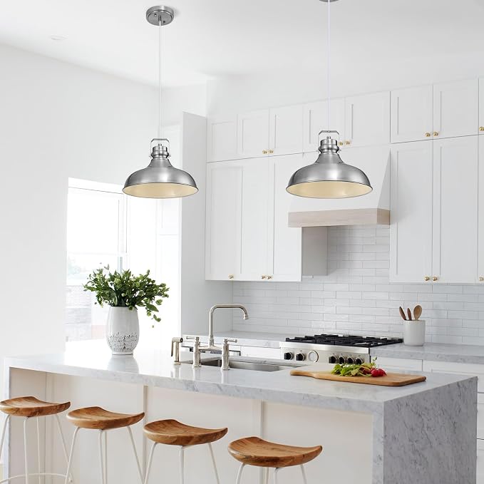 Brushed Nickel Modern Pendant Lights Kitchen Island Fixtures | ETL Certificate,Industrial Adjustable Height Vintage Dome Hanging Light Fixtures for Barn,Dining Room 1 Pack