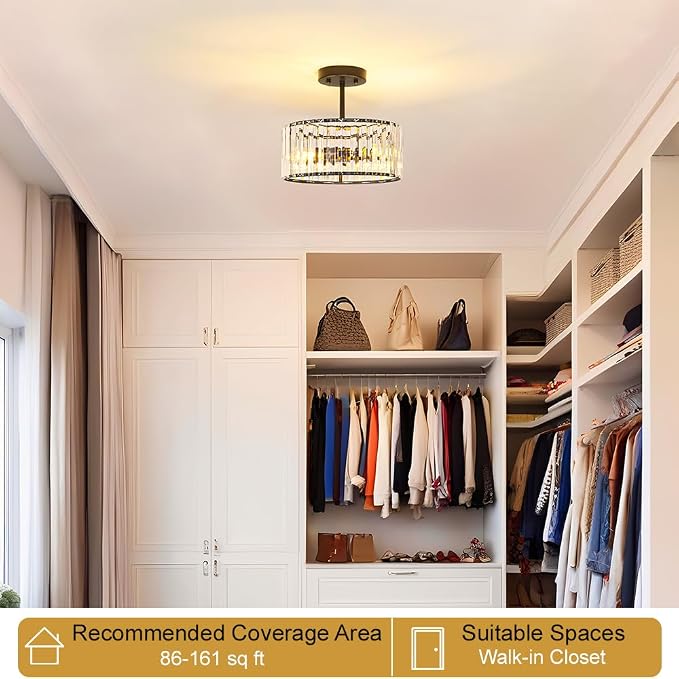 Lxybcce Modern Crystal Ceiling Light, Matte Black Semi Flush Mount Ceiling Lighting Fixture, Hallway Light Fixtures Chandelier for Kitchen, Bedroom Dining Room Hallway Closet, 3-Light, 12 Inch