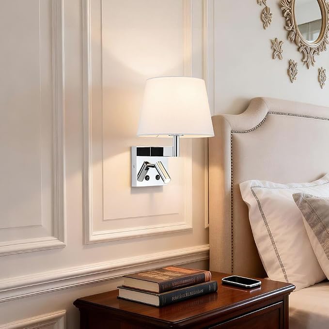 XiNBEi Lighting Wall Sconce with LED Reading Light for Living Room, Chrome | Bedroom Wall Lamp, White Fabric Shade & On/Off Switch, Wall Mounted Reading Lights, For Bedside Office & Hotel