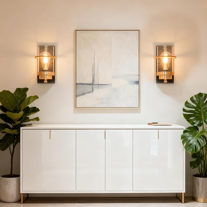 Rose Gold and Black Wall Sconce, Modern Vanity Light Fixture | Hardwired,E26 base,mid-century clear glass sconce for mirror.hallway.bathroom.fireplace