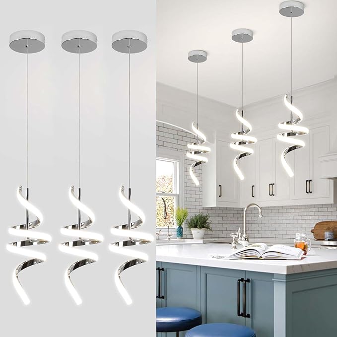Modern Spiral LED Pendant Lights Kitchen Island, 22W Adjustable Height Hanging Light Fixture 5500K Chrome Chandelier for Dining Room Cafe Table, 3 Pack