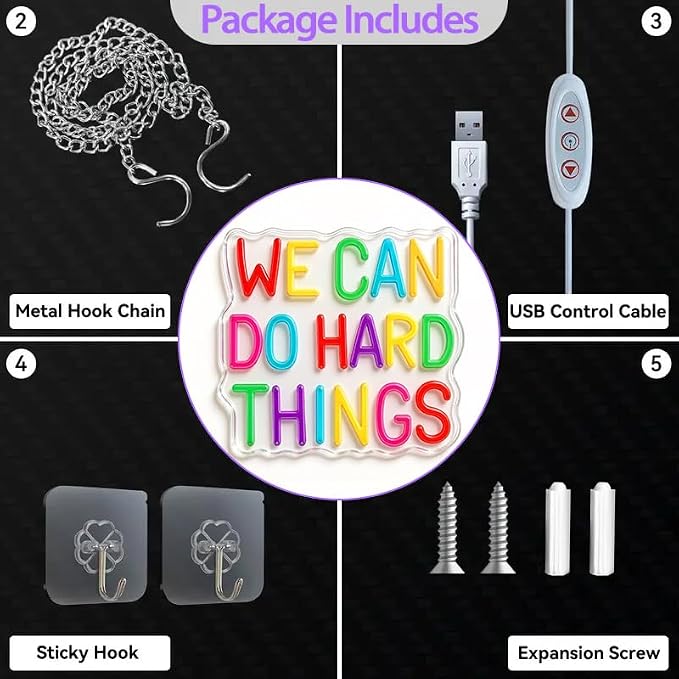 We Can Do Hard Things Neon Sign,Motivational Wall Art for Classroom,Office | Neon Sign for Classroom, Colorful LED Classroom Decor & Kids Room Light | Motivational Wall Art for Office & Learning Space