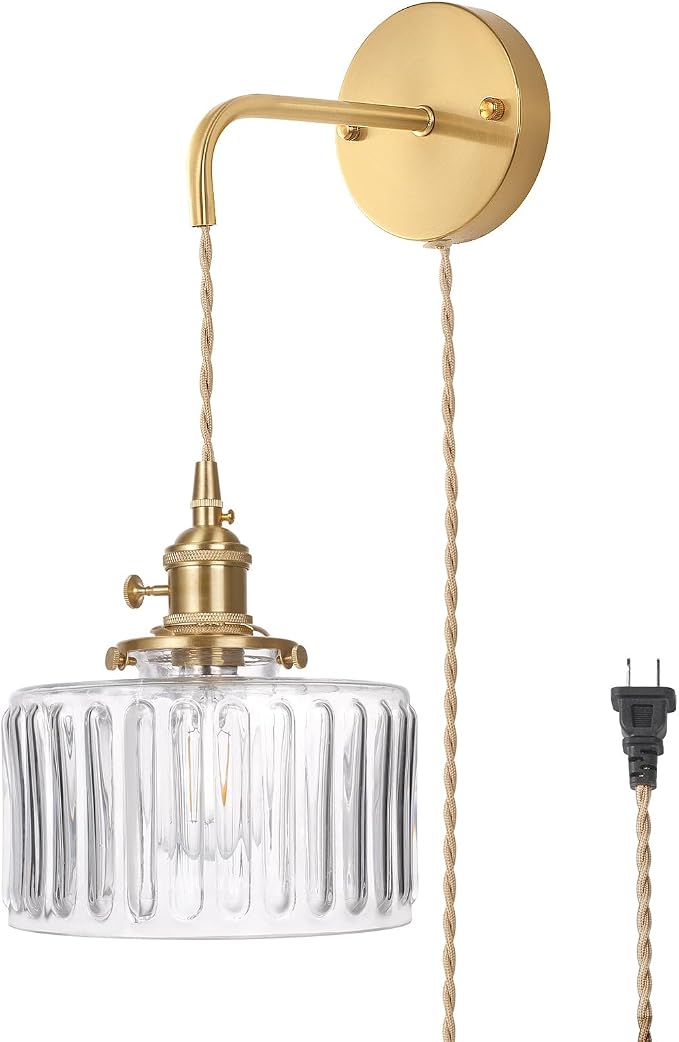 Shenmoyl Vintage Wall Sconce Wall Lamp with Clear Striped Glass Shade Hanging Wall Sconce with 4.9FT Plug in Cord, Modern Wall Lamp Fixtures Decor for Bedside Bedroom Indoor Doorway