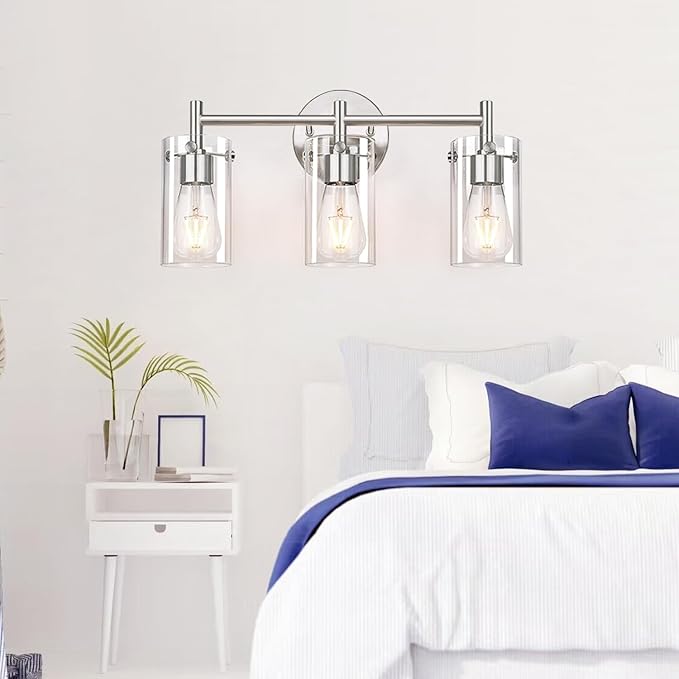 3-Light Brushed Nickel Bathroom Vanity Light Fixtures, Clear Glass Shade Wall Sconces for Mirror, Bedroom, Living Room, Hallway