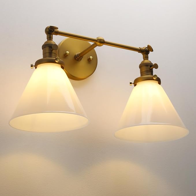 Double Sconce Vintage Industrial Gold 2-Lights Wall Sconces with Funnel Flared Glass Milk Glass Shade Antique Scocne for Bathroom Living Room Home Office