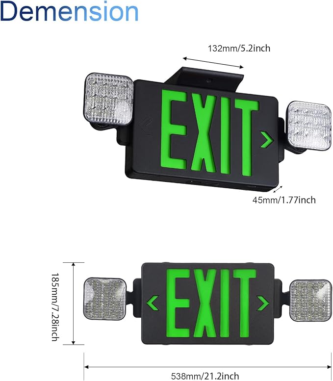 GZRUIYANG Black Housing Exit Sign With Emergency Lights Green, LED Exit Light With Battery Backup, UL 924 Certified, AC 120/277V, Commercial Lights Combo for Business - 2 Pack