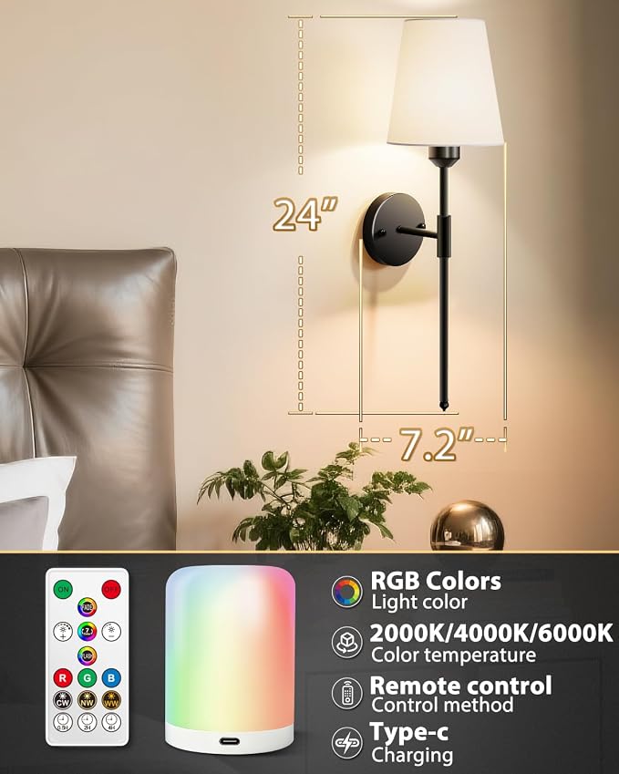 Adetu Wall Sconces Set of 2, Battery Operated Wall Sconce | 10000mAh Magnetic Bulbs and Remote, RGB & 5%-100% Dimmable Rechargeable Wall Lights for Bedroom Living Room Hallway Decor