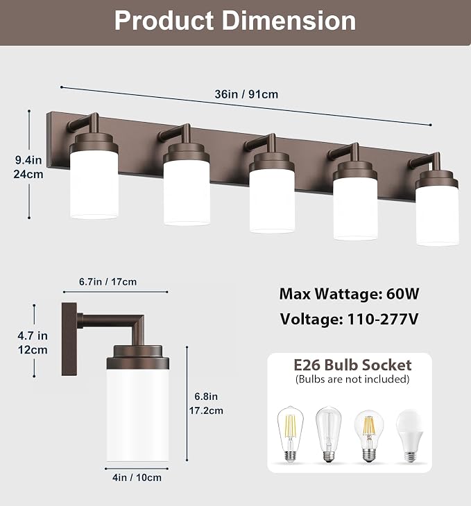 Bathroom Light Fixtures, Oil Rubbed Bronze Bathroom Lighting Fixtures Over Mirror, Modern Vanity Light with White Glass Shade, Restroom Lighting Fixtures, 5-Light 36-inch