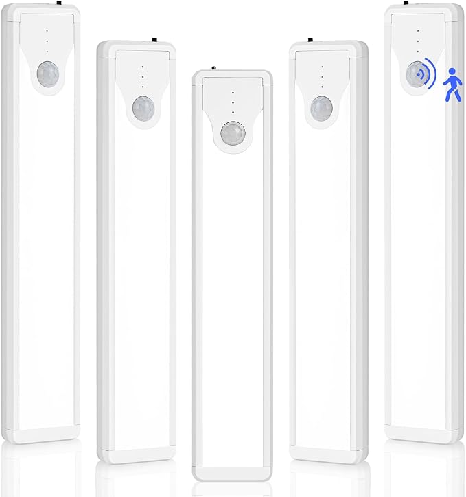 8 Inch Under Cabinet Lights, 41 LED Rechargeable Magnetic Motion Sensor Light Indoor, Brightness Dimmable 6000K Stepless Dimming Closet Light, for Under Counter, Kitchen, Stairs, Closet, 5 Packs