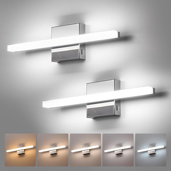 Modern Bathroom Light Fixtures Over Mirror, Vanity Lamp Bar Chrome | Small 16 Inch, Soft Shadow Free, Linear Design, Wall Mounted, Lampara para Baño sobre Espejo, 5 Colors Adjustable, 2 Pack
