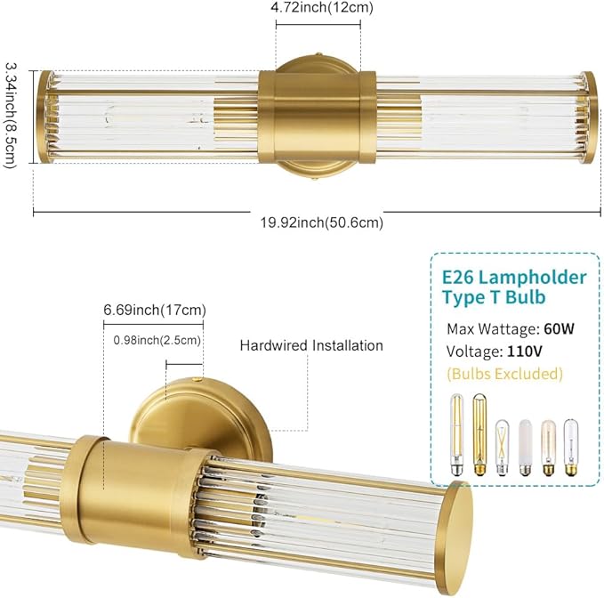 Gold Wall Sconce Bathroom Vanity Light Fixtures for Mirror, Modern Wall Light with Glass Rod Shade for Bathroom, Bedroom, Hallway, Living Room - Bulb Not Included