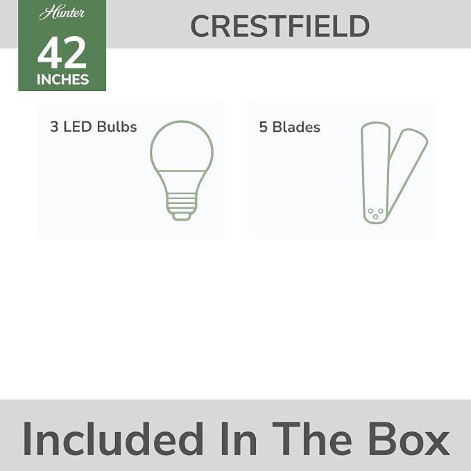 Hunter Crestfield, Indoor, Ceiling Fan, Quiet, 42 inch, Matte Silver | with LED Lights and Pull Chain, Low Profile Flush Mount, 5 Blades, For Bedroom, Living Room, Kitchen, 51025