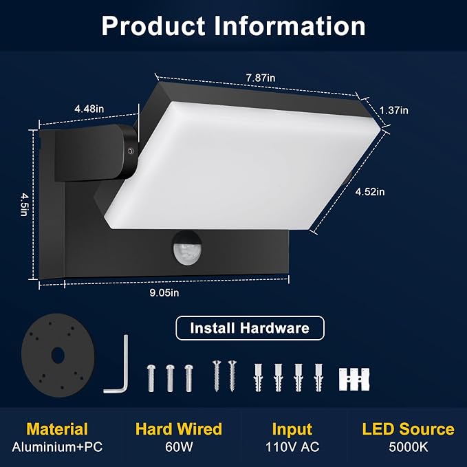 60W Motion Sensor Outdoor Wall Lights 360° Rotatable 5000K | IP65 Waterproof Aluminum Exterior Security Lighting 5000LM Hardwired Black Wall Mount Light Fixture for Porch Garage