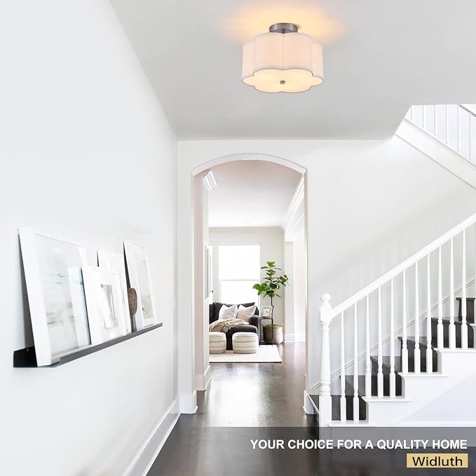 12.9" Chrome Semi Flush Mount Ceiling Light, Linen 3-Light Fixture | White Linen Petal Shade, Modern Chrome Style For Bedroom, Hallway Kitchen, Basement, Bedroom,Laundry; Close-To-Ceiling, E26