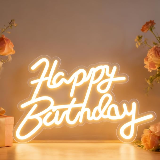Happy Birthday Neon Sign for Wall Party Decor, LED Happy Birthday Light up Sign for Backdrop, 16"x 11" USB Powered 10 Brightness Settings Light up Signs Party Decorations Backdrop, Warm White