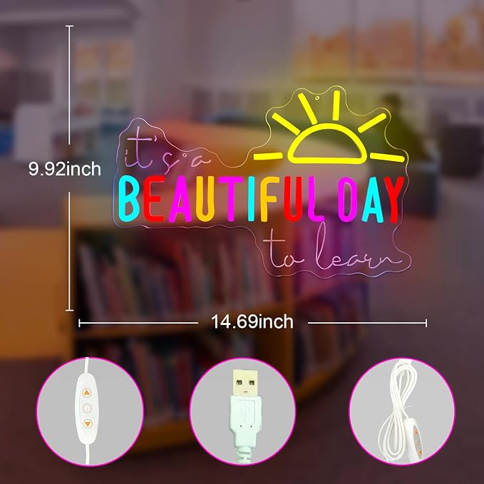 It's A Beautiful Day to Learn Neon Sign Classroom Neon Light for Library USB Powered Reading LED Signs for Classroom Reading Corner Colorful Study Noen Wall Art for Kids Teacher Beautiful Day Gifts for Back to School