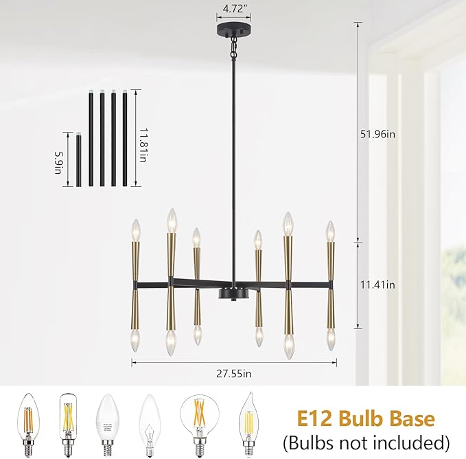 12 Light Black and Gold Modern Farmhouse Chandelier, Large Foyer Chandeliers for High Ceilings, Gold Pendant Light Fixture for Living Room Dining Room Staircase Entryway Kitchen Over Table