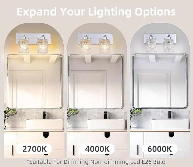 Chrome 2-Light Crystal Bathroom Vanity Light Fixture Over Mirror, Modern Bathroom Wall Light for Living Room, Bedroom, Hallway