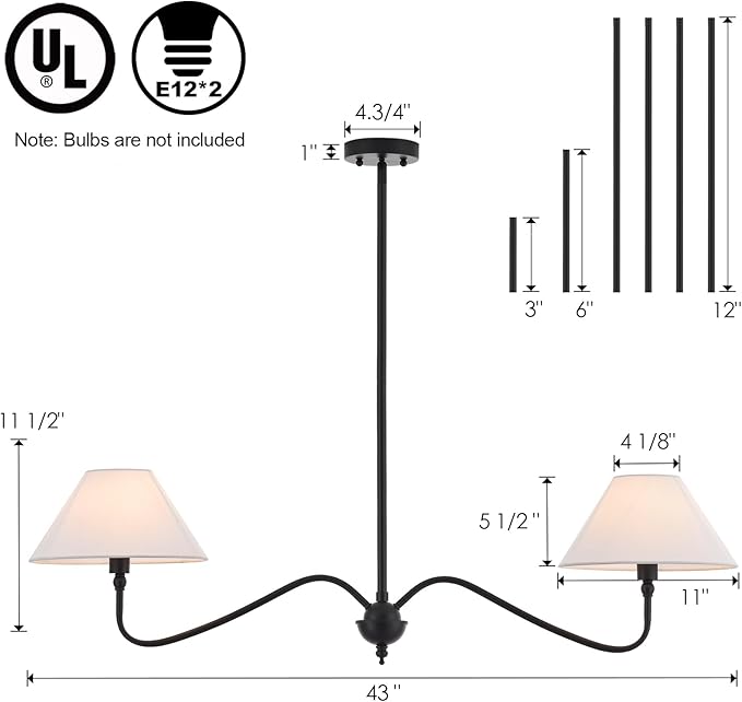 Modern Linear Chandelier for Kitchen Island, 2-Light Linear Light Fixture with Off-White Fabric Shade, Rustic Pendant Light for Dining Room