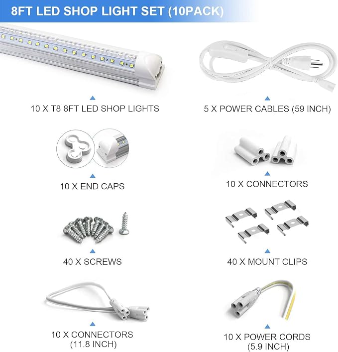 10-Pack 8ft LED Shop Light Fixture - 90W T8 Integrated LED Tube Light - 6500K 12000LM V-Shape Linkable - High Output - Clear Cover - Plug and Play - 270 Degree Lighting for Garage, Shop, Barn