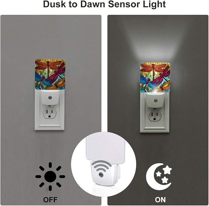 Colorful Dragonfly Night Light Set of 2, Summer Auto Sensor LED Dusk-to-Dawn Nightlights, Plug-in Sensor Lamp for Bedroom Bathroom Kitchen Hallway Stairs Decorative