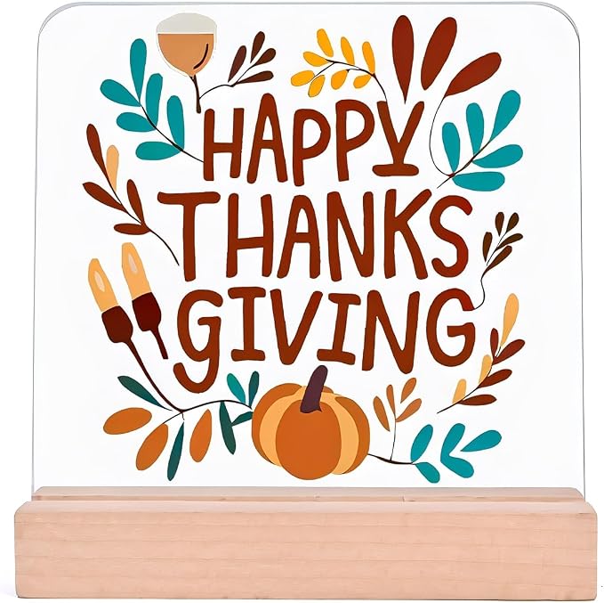 Happy Thanksgiving Desk Decor Gifts Autumn Table Decorations for Desk Plaque Clear Acrylic Sign with Wooden Stand for Fall Party Decorations Home Office Decorative Signs