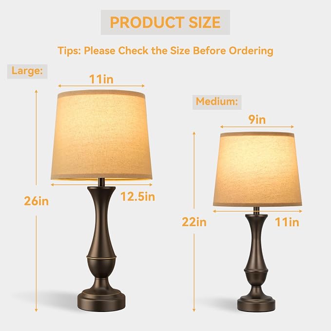Touch Lamps for Nightstand, 3 Way Dimmable Lamps for Bedroom with USB C+A | Touch Control, USB C+A Charging Ports, Table Lamps for Living Room, Night Stands, Bedside, Bedroom, Bulb Included, Brown