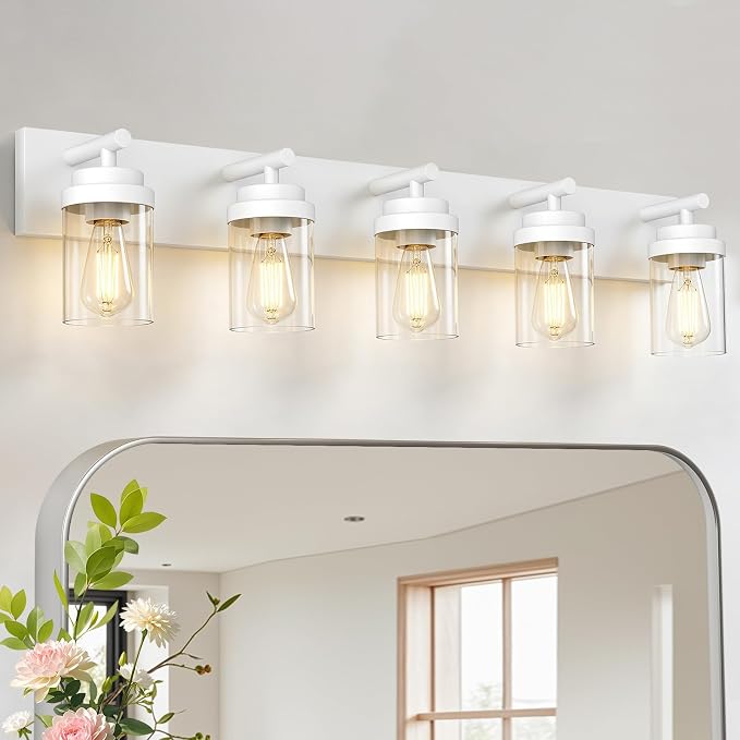 IZORRO Bathroom Vanity Light Fixture, 5-Light 36 Inch White Bathroom Light Fixtures Over Mirror, with Clear Glass Shade, Modern Farmhouse Vanity Lights, Rustic Restroom Lighting Fixtures