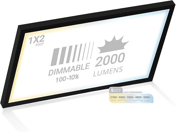 NUWATT 1x2 FT LED Surface Mount Panel, 5CCT 2700K/3000K/3500K/4000K/5000K Selectable, 2000LM, 22W, Internal Driver, Dimmable, 120V, CRI90, 1FT x 2FT Flush Mount Ceiling Light, 1" Inch Thick Black Trim