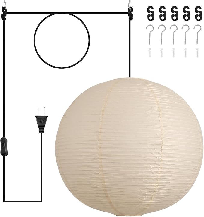 23.6in Paper Lanterns Plug in Hanging Lamp Off-White 19.7FT Cord | Rice Paper Lamp Lantern Pendant Light Large Globe Japanese Japandi Wabi Sabi Chandelier for Dining Living Room Bedroom 1 Pack