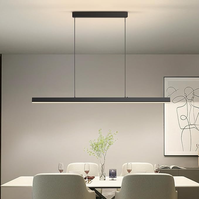 Modern Ceiling Pendant Lights,39in LED Black Linear Chandelier with Remote Control 3000k-6000K Adjustable Color Temperature,Island Lighting Hanging Light for Kitchen,Dining Room,Living Room