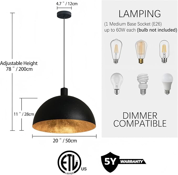 Black and Gold Dome Pendant Light, 20 Inch Large Dome Chandelier Industrial Fixture with Gold Leaf Interior for Dining Room, Kitchen Island, Bar or loft.